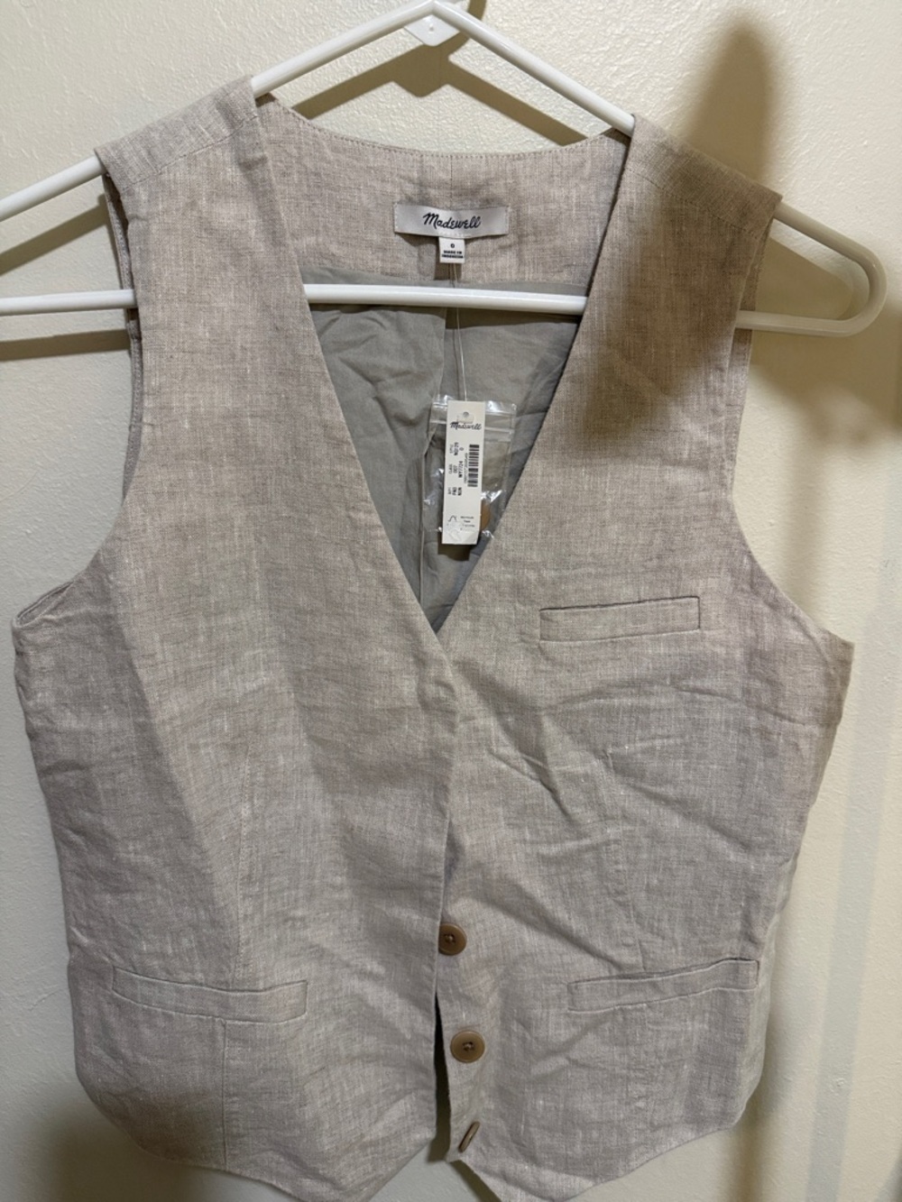 Madewell Beige Linen-Blend Button Front Vest